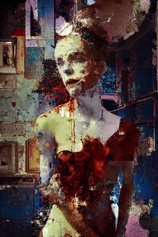 Image similar to a beautiful glitched painting by robert proch of a woman in a glitched bathroom, metal rust and plaster materials, pixel sorting, color bleeding, brushstrokes by jeremy mann, still life, dark colors