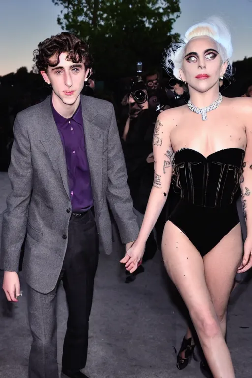 Image similar to timothee chalamet and lady gaga holding hands, beautiful detailed faces, canon eos, featured, flash lighting