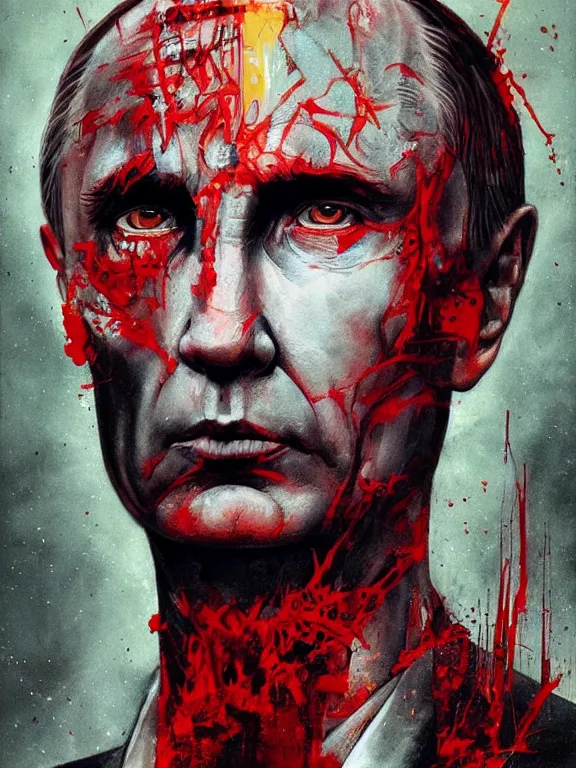 Prompt: art portrait of Vladimir Putin as a devil with red bloody eyes ,8k,by tristan eaton,Stanley Artgermm,Tom Bagshaw,Greg Rutkowski,Carne Griffiths,trending on DeviantArt,face enhance,hyper detailed,minimalist,cybernetic, android, blade runner,full of colour,