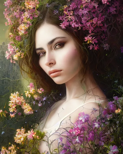 Image similar to portrait of riley reid, surrounded by flowers by karol bak, james jean, tom bagshaw, rococo, sharp focus, trending on artstation, cinematic lighting, hyper realism, octane render, 8 k, hyper detailed.