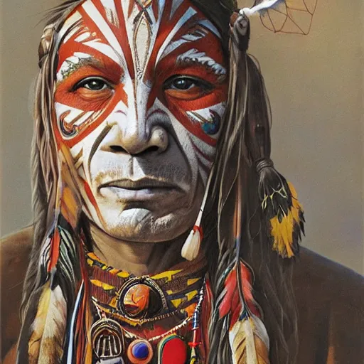 Prompt: a native american shaman with an a shaman mask, wearing an eagle feather outfit, shaman, apache, dakota, cherokee, navajo, lumbee, puebloans, by alex gray and android jones, karol bak, ilya golitsyn, ayami kojima, amano, black panther, moebius, concept art, character design, fantasy, 3 d, 8 k resolution