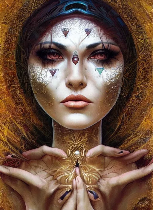 Image similar to magic enlightened cult psychic lovable woman, painted face, third eye, energetic consciousness psychedelic, epic surrealism expressionism symbolism, symmetrical face, by karol bak, masterpiece