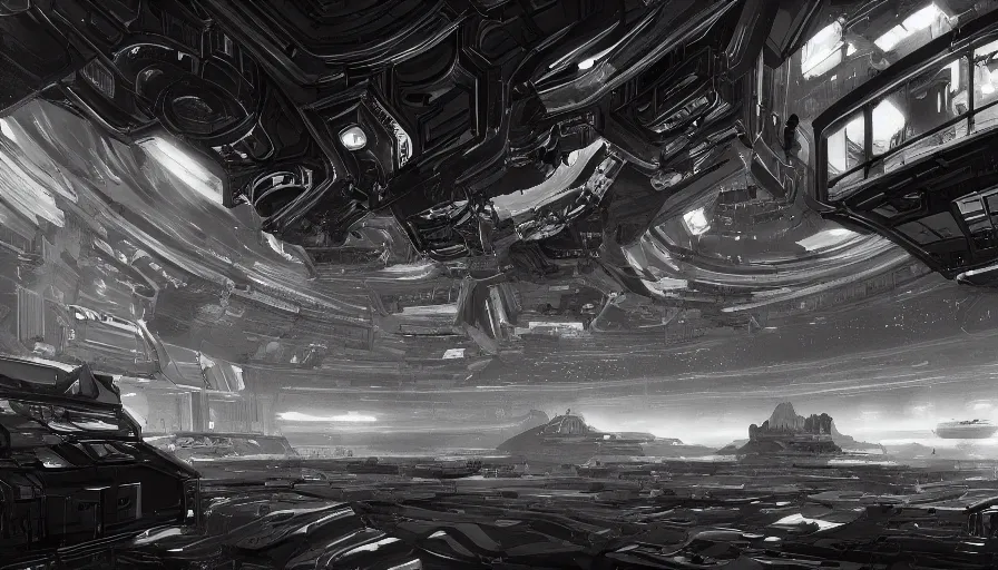 Prompt: Interior of a huge, bright black and white wonderful space base with lot of people in it, hyperdetailed, artstation, cgsociety, 8k