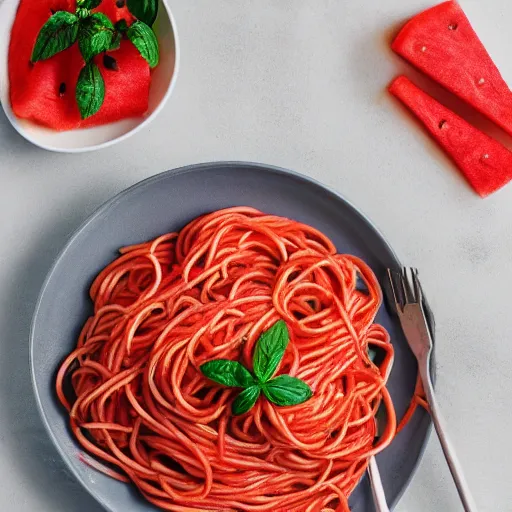 Prompt: spaghetti [ made with [ watermelon noodles ]!! ], trending on unsplash, [ 4 k photorealism ]!!, professional photography, [ overhead view ]!, shot by jimmy nelson