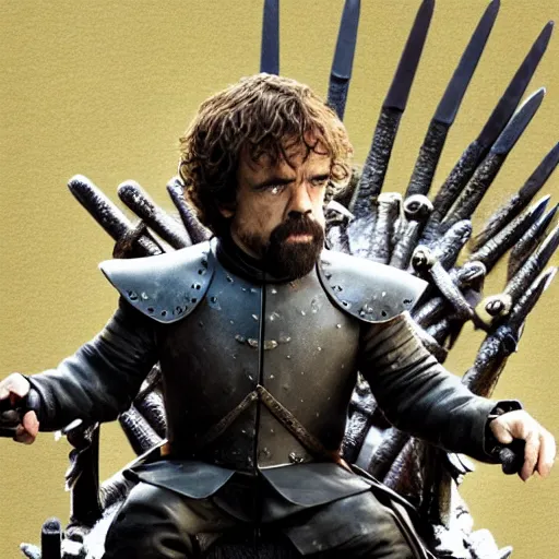 Prompt: peter dinklage sitting on the iron throne, game of thrones,, hd, 4 k, detailed, award winning