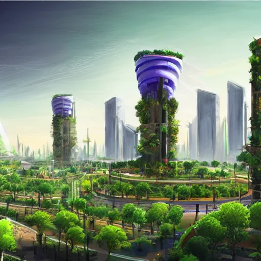 Prompt: a concept art of a solarpunk city with lush vegetation, tall skyscrapers and autonomous vehicles