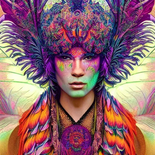 Prompt: A reality bending psychedelic ayahuasca experience, colorful, distorted, surreal, tropical bird feathers, dramatic lighting on the face, intricate, elegant, highly detailed, digital painting, concept art, smooth, sharp focus, illustration, art by Krenz Cushart and Wayne Barlowe and alphonse mucha