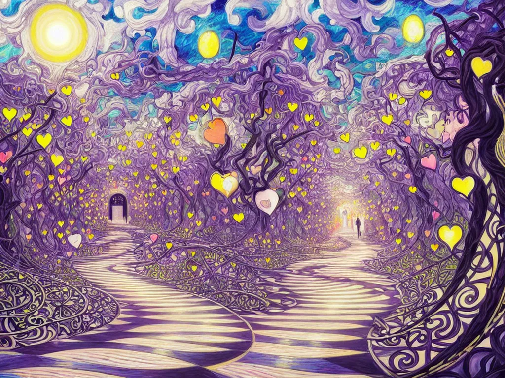 Prompt: a collision of exploding black hearts and white hearts in impressionist form of an endlessly long and winding path through an fantasy village, vivid vibrant geometric art nouveau. trending on pixiv and artstation. an absurdly detailed oil painting by a top trending artist