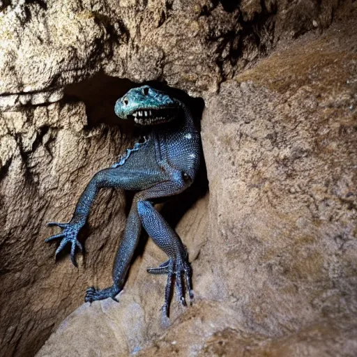 Image similar to photo inside a cavern of a scary wet lizard humanoid partially hidden behind a rock watching a tourist