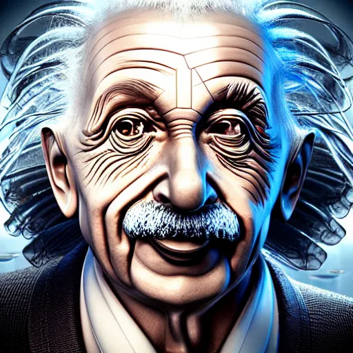 Image similar to portrait ethereal biomechanical android albert einstein with incredible technological hair, masterpiece crystalline incrustations, hyper - detailed face, elegant posed, intricate, octane render, cinematic lighting, cgsociety, unreal engine,