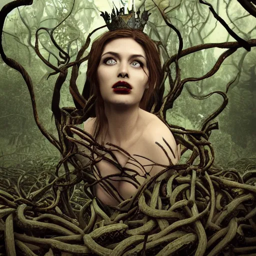 Prompt: dark queen of snakes, crown of snakes, blue skin, realism, dark fantasy, surrounded by thorned vines in a twisted forest, octane render, artstation
