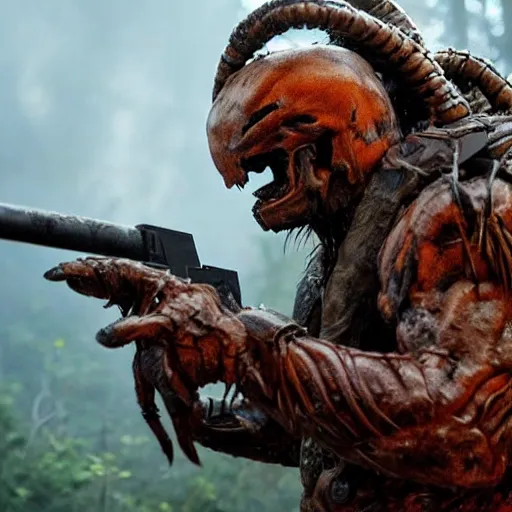 Image similar to cinematic, 4 k, full body portrait, rock golem as a soldier smoking a cigarette, still from the movie predator