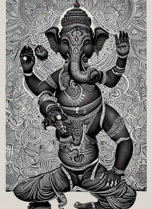 Image similar to black ink line art drawing, 6 armed ganesh dancing holding an old school boombox, high details, intricately detailed, by vincent di fate, artgerm julie bell beeple, inking, 1 9 9 0 s, vintage 9 0 s print, screen print