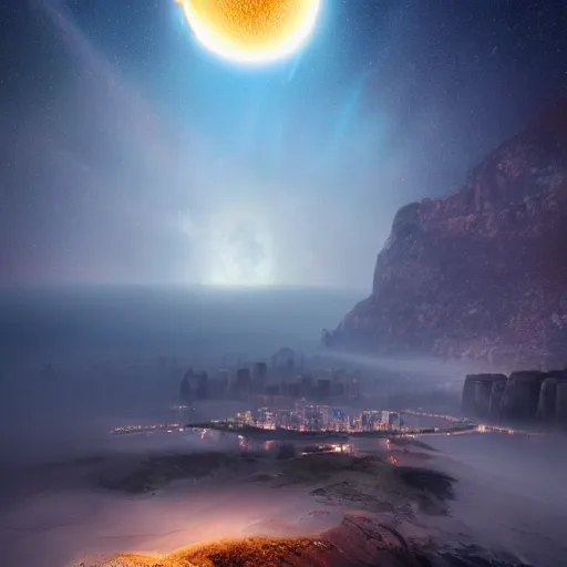 Image similar to amazing photo of a town in a planet without gravity with a donut shaped moon, digital art, by marc adamus, beautiful dramatic lighting