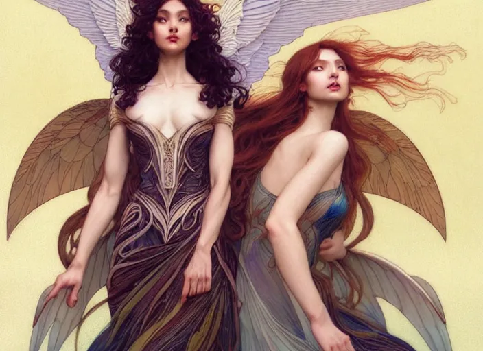 Prompt: portrait of 3 women with flowy hair, wings, confident pose, pixie, genshin impact, intricate, elegant, sharp focus, soft bokeh, illustration, highly detailed, concept art, matte, trending on artstation, bright colors, art by wlop and artgerm and greg rutkowski, mucha, giger, marvel comics
