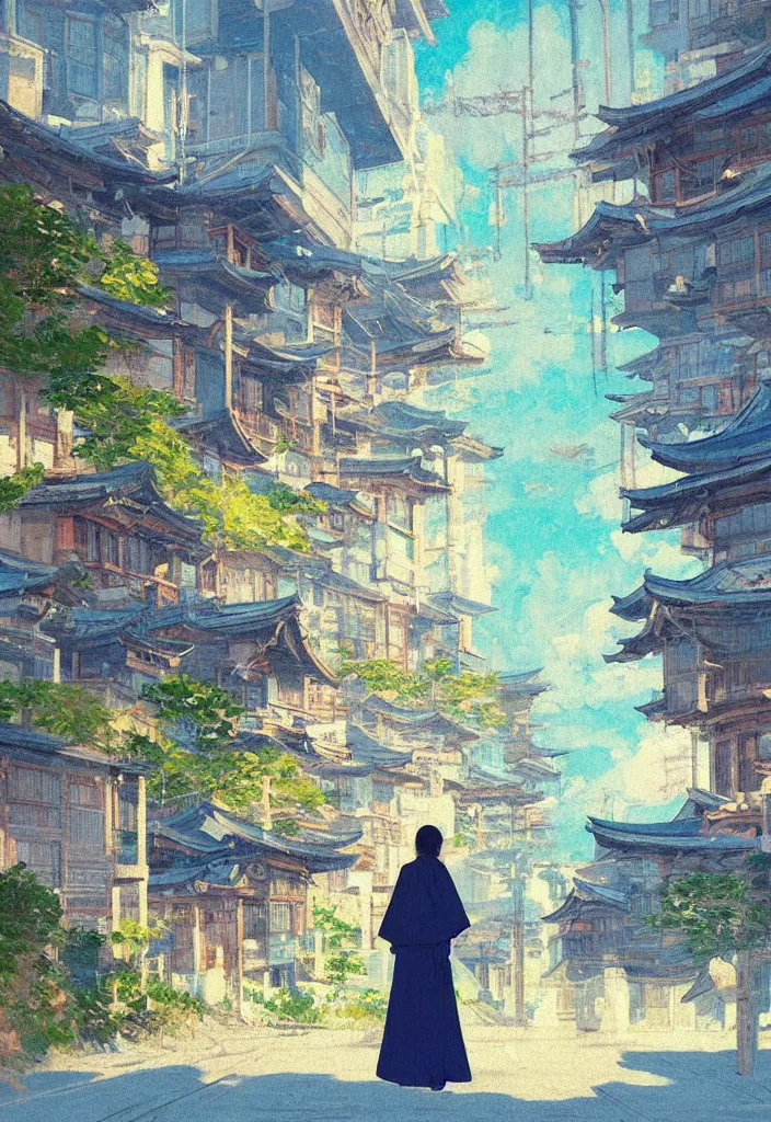 Prompt: tiny lost king wearing a cape in front of a japanese city with beautiful ryokans and edo era houses. cyberpunk. beautiful blue sky. gorgeous epic nature inside the city. lofi. vivid colors, amazing light, by jeremy lipkin, by claude monet, heavily inspired by makoto shinkai, inspired by ghibli, masterpiece, multiple brush strokes, impressionist style