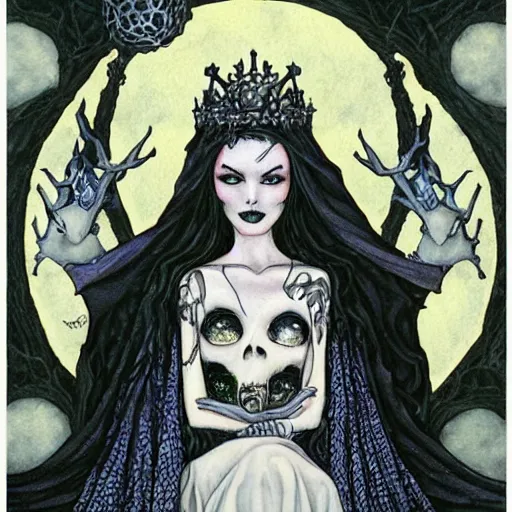 Prompt: the gothic wiccan beautiful queen witch occult woman sitting atop her throne made of skulls by gerald brom by anna steinbauer by kelly mckernan by edward gorey, trending on artstation