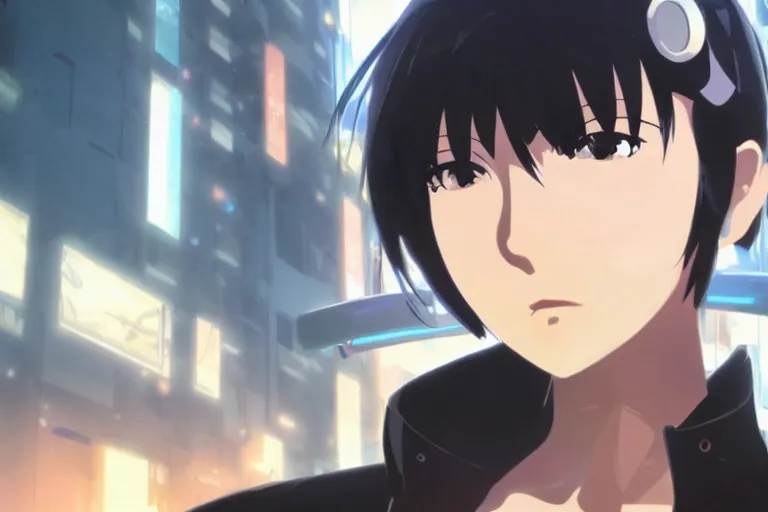 Image similar to makoto shinkai. robotic android girl. futuristic cyberpunk dystopia.