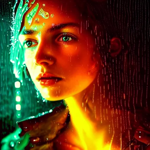 Image similar to bright asthetic portrait LSD glowing backlit rain on face and wet hair in strands, overhead lighting, fantasy, intricate, elegant, dramatic lighting, highly detailed, lifelike, photorealistic, digital painting, artstation, illustration, concept art, smooth, sharp focus, art by John Collier and Albert Aublet and Krenz Cushart and Artem Demura and Alphonse Mucha