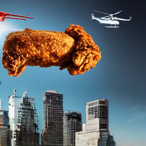 Image similar to a giant fried chicken falling from a helicopter, hyper detailed, 8k resolution