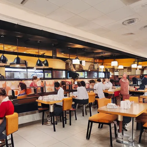 Prompt: realistic wafflehouse restaurant interior with employees and people eating breakfast