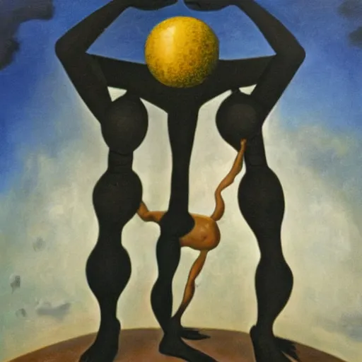 Image similar to a surrealist oil painting of a black man depicted as atlas, struggling to continue carrying the weight of the world, in the style of jean - marquett