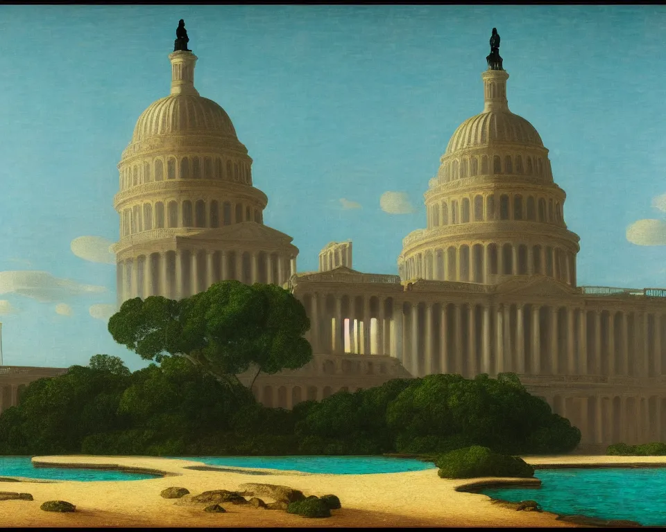 Image similar to an achingly beautiful print of a ruined U.S. Capitol in the Maldives by Raphael, Hopper, and Rene Magritte. detailed, romantic, enchanting, trending on artstation.