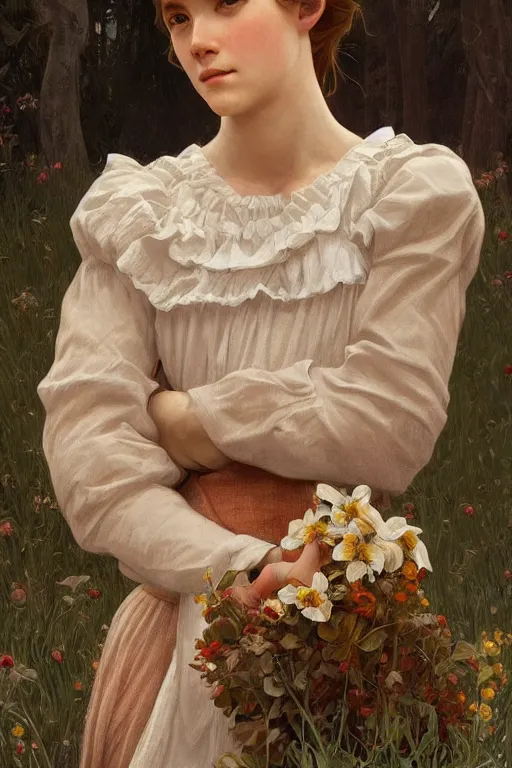 Image similar to beautiful cottagecore young peasant maiden, innocent, intricate, elegant, highly detailed, digital painting, artstation, concept art, smooth, sharp focus, illustration, art by artgerm and greg rutkowski and alphonse mucha