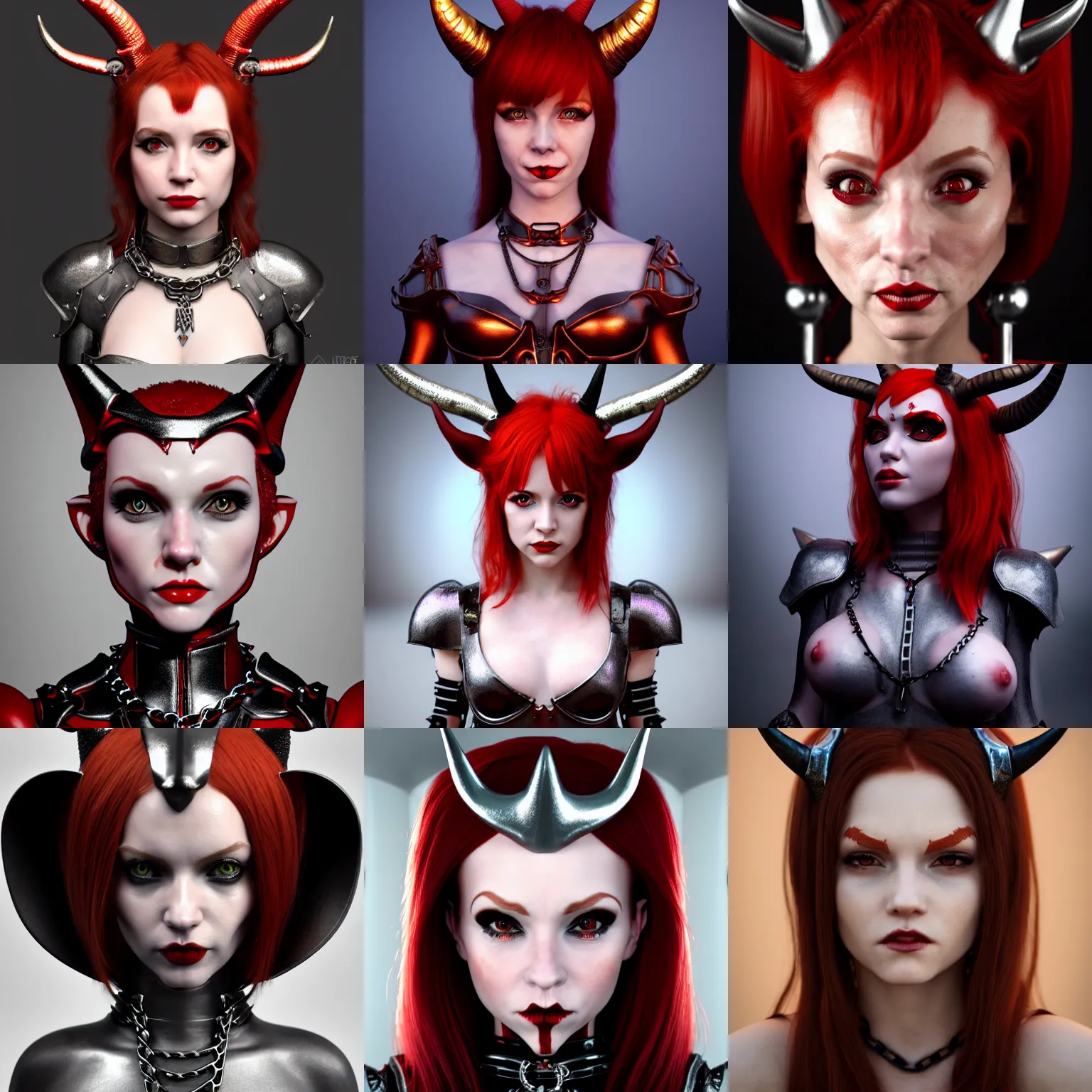 Prompt: a medium shot of a redheaded petite devil girl with horns in a chain armor, trending on artstation, very coherent symmetrical artwork, perfect face, symmetrical face, 35 mm, cinematic, hyper realism, high detail, octane render, 8k, chrome accents, unreal engine 5
