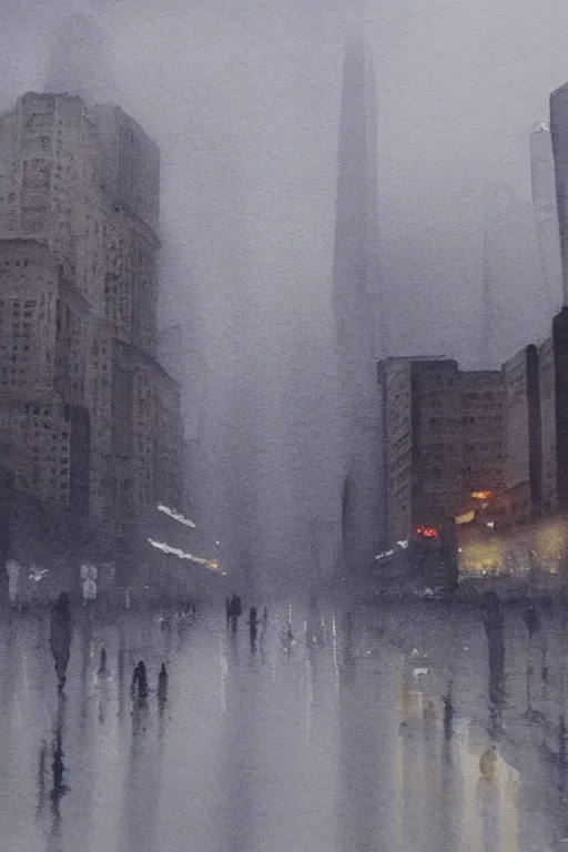 Prompt: A poetic watercolor of an empty Shanghai Bund, rainy street, cloudy overcast sky, poignant, high contrast of light and dark, smooth, by Joseph Zbikowicz, 8k