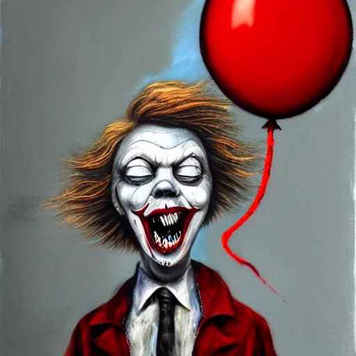 Image similar to grunge painting of donald trump with a wide smile and a red balloon by chris leib, loony toons style, pennywise style, corpse bride style, horror theme, detailed, elegant, intricate