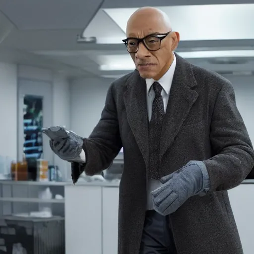 Image similar to movie still of bald, Giancarlo Esposito as Professor X in a new X-Men movie