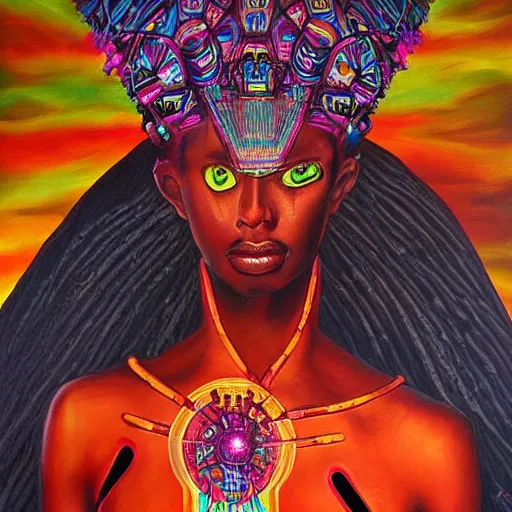 Image similar to afrofuturistic techno mage, dark fantasy, occult, high quality surrealist painting