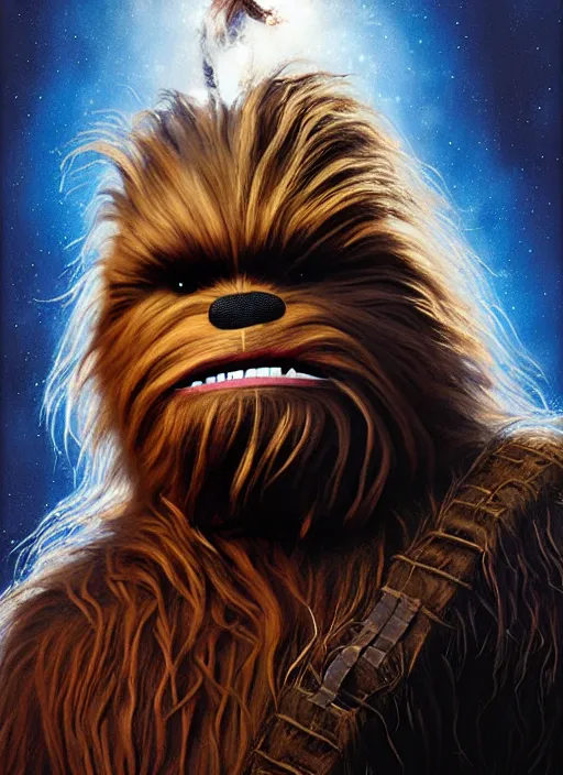 Image similar to hyper realistic, zoomed out portrait of a mega derpy big chungus as chewbacca in star wars, stoned, by greg rutkowski, scott m fischer, artgerm, loish, slight glow, atmospheric, anne stokes, alexandros pyromallis