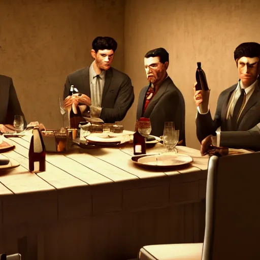 Image similar to a mafia family having dinner around a table, 3 d render octane, trending on artstation