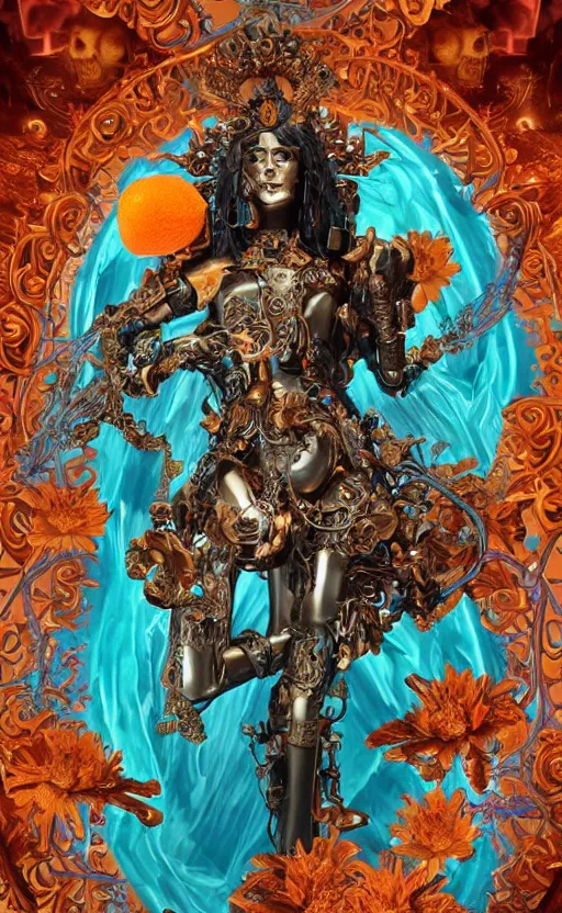 Image similar to a young beautiful hispanic metal android with a large glowing orange crystal in the center of her chest, full-body bronze cyberpunk style statue of Andromeda with glowing blue laser eyes, crown of mechanical chrysanthemums, flowing aqua silk, fabric, steampunk flowers. baroque elements, human skull. full-length view. baroque element. intricate artwork by caravaggio. many flying horses on background. Trending on artstation, octane render, cinematic lighting from the right, hyper realism, octane render, 8k, depth of field, 3D