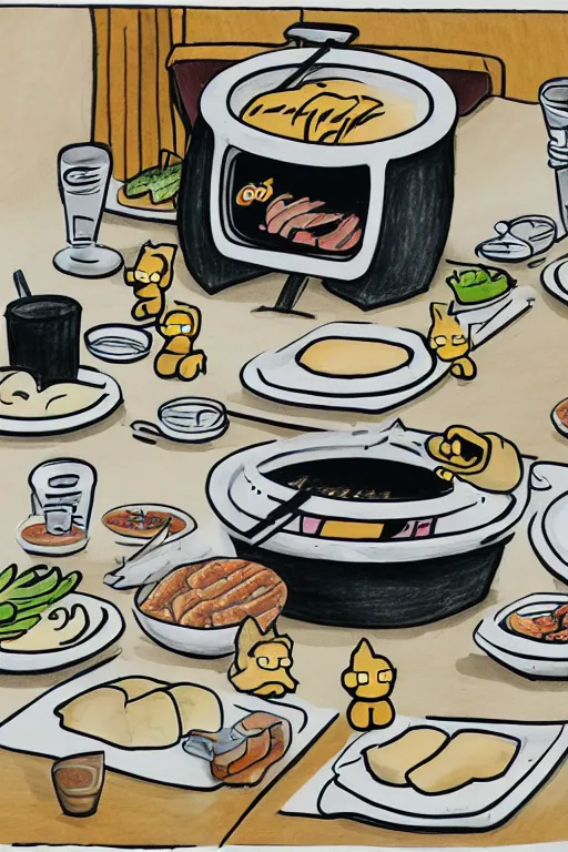 Image similar to drawing of a cat eating korean bbq by matt groening
