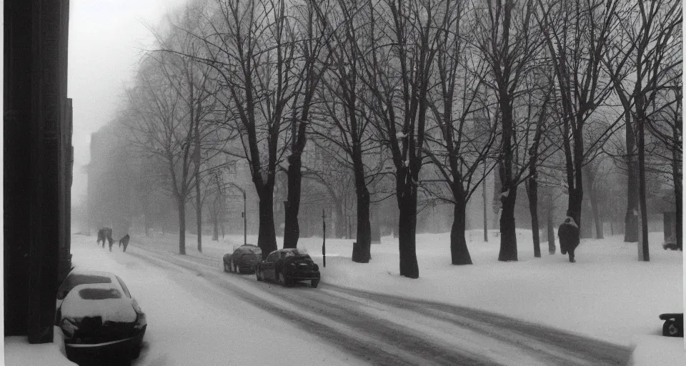 Image similar to image of a street in the winter, black and white photograph by andre kertesz