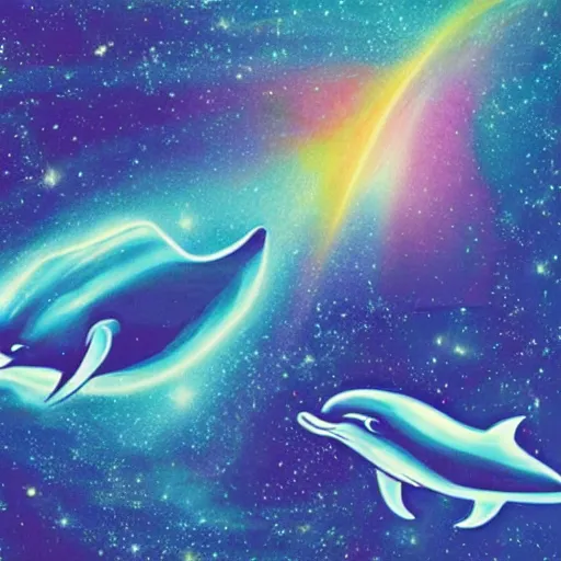 Prompt: a space photograph of a hamster riding a dolphin on a cosmic rainbow