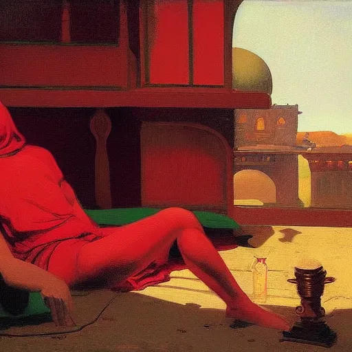 Prompt: a red-opium den in the ornate indian village by Raphael, Hopper, and Rene Magritte. detailed, romantic, enchanting, trending on artstation.