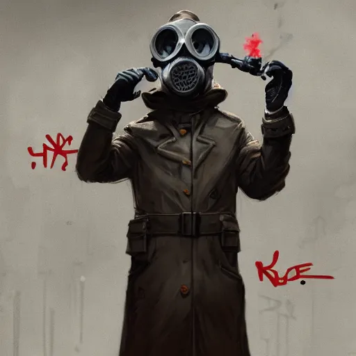 Image similar to hooden villain wearing a gas mask with red goggles, smoke coming out of his body and coat, dark background, wall with graffiti, unreal engine 5, ultra realistic, detailed, fog, by greg rutkowski,