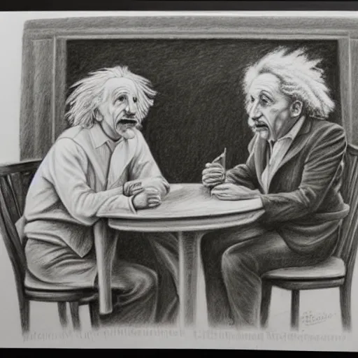 Image similar to Einstein and Newton sitting at cafe, pencil drawing, ultra detailed