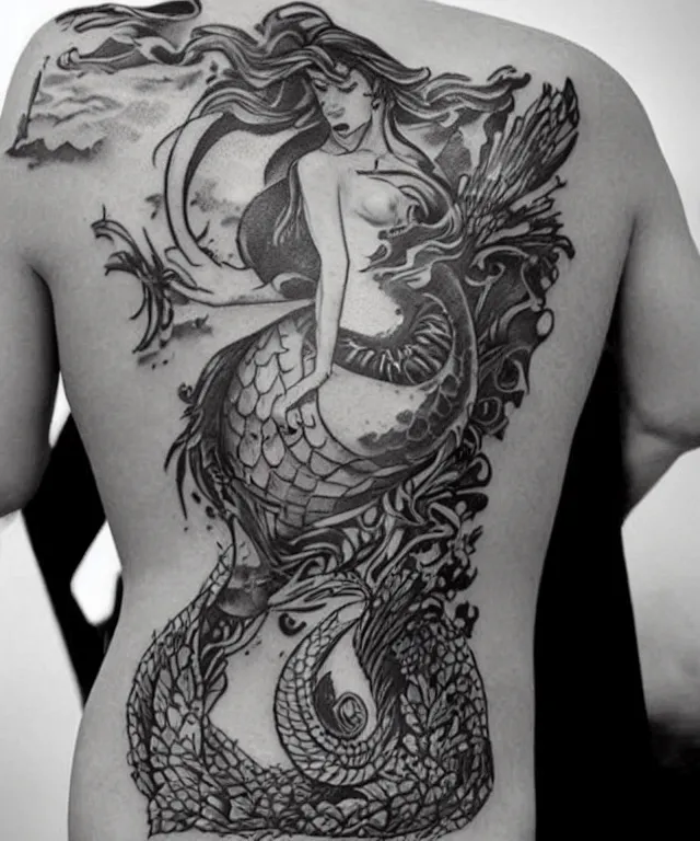 Image similar to black and white tattoo, beautiful mermaid, full body