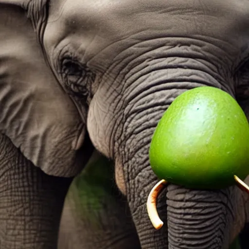 Prompt: an elephant holding an avocado with its trunk, realistic,