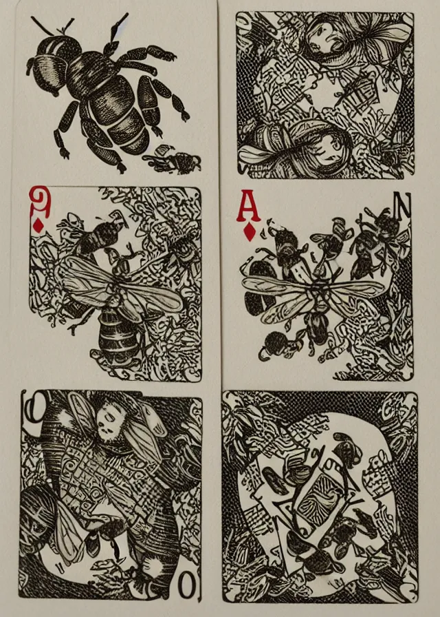 Image similar to 5 of bees, woodblock playing card