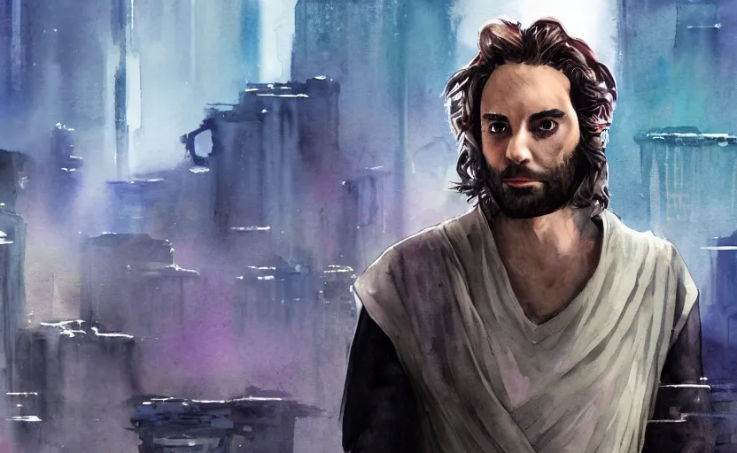 Image similar to a realistic star wars watercolor fantasy concept cart of chris d'elia as a drug dealer in a sleazy futuristic city of coruscant, hq, 4 k