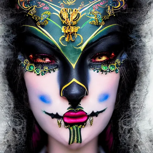 Image similar to gorgeous portrait of a woman as personification of envy (from 7 deadly sins), eyes on camera,intricate detail and composition, symmetric, eyes staring at camera, symmetric face paint, Leica Vario-Elmar-S 30-90mm f/3.5-5.6 ASPH