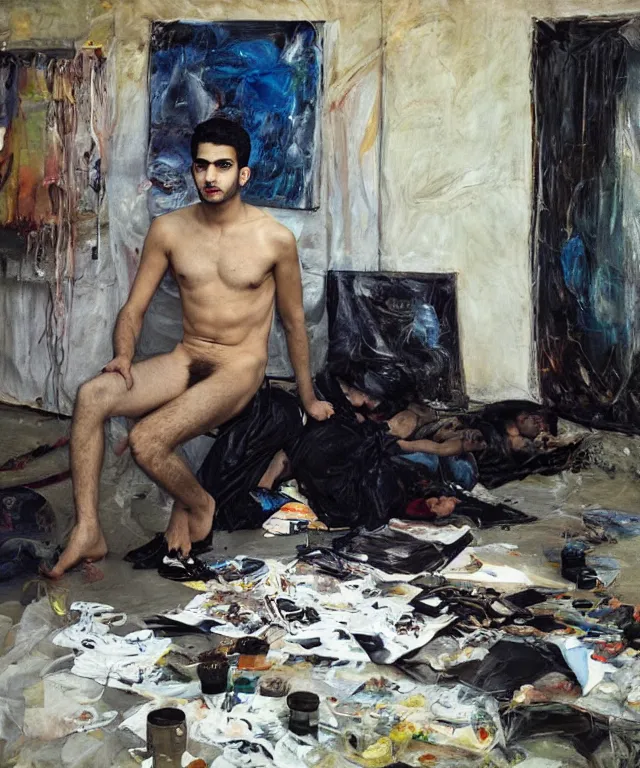 Image similar to a color photograph of persian young man in his workplace, by nan goldin, painted over by jenny saville, out of place, intense, bold, exaggerated, over proportion, hyperrealistic, ultra sharp, extra details, ultra high quality,