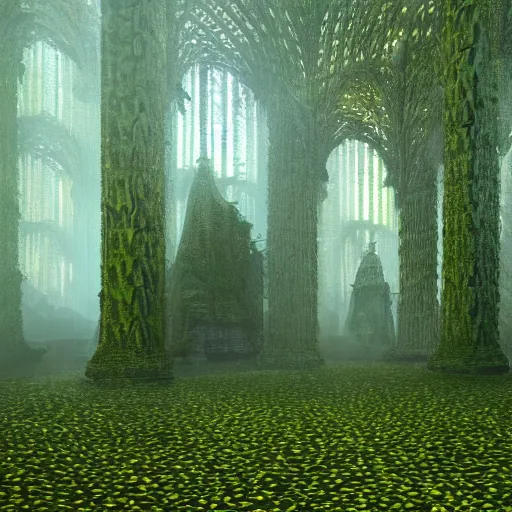 Image similar to a golden cathedral in the middle of a rain forrest, moss, moist, symmetry, octane, soft render, intricate, blender art, the golden ratio, mysticism, cinematic, concept art