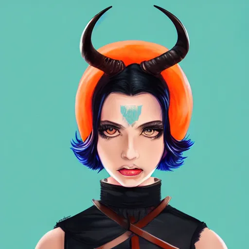 Image similar to illustrated portrait of ram-horned devil woman with blue bob hairstyle and her tangerine colored skin and with solid black eyes wearing leather by rossdraws